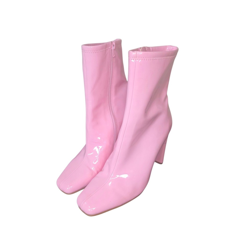Steve Madden Womens 9 Pink Patent Square Toe Ankle Boots Y2K Block Heel